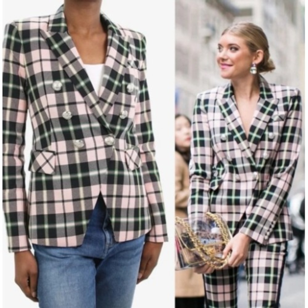 Veronica Beard Miller Dickey Jacket Pink Black Plaid Silver Crest Blazer 4